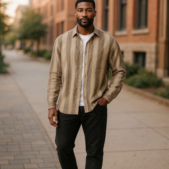 Ben Sherman Textured Button Front Dress Shirt Retro Vibe Brown Stripes Size XL - Picture 12 of 12